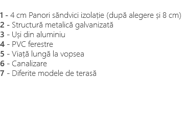 &nbsp;1 - 4 cm Panori săndvici izolație (după alegere și 8 cm) 2 - Structură metalică galvanizată 3 - Uși din aluminiu 4 - PVC ferestre 5 - Viață lungă la vopsea 6 - Canalizare 7 - Diferite modele de terasă 